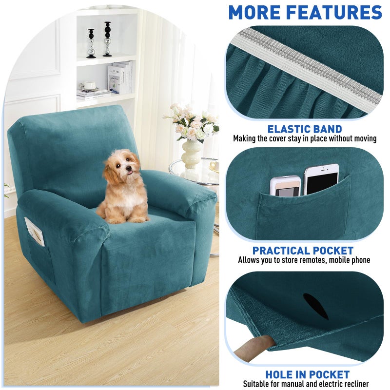 MAXIJIN Velvet 4 Piece Recliner Cover Stretch Plush Soft Recliner Chair Covers Thick Soft Reclining Chair Slipcovers Furniture Protector with Side Pocket for Kids, Pets (Peacock Blue) - Image 3